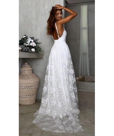 Simple Beach Wedding Dresses Long A-Line Spaghetti Straps Bridal Gowns with Train V Neck Evening Gown for Bride P-ivory $43.4...