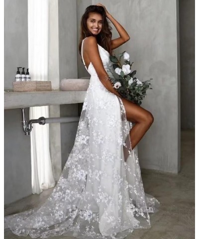 Simple Beach Wedding Dresses Long A-Line Spaghetti Straps Bridal Gowns with Train V Neck Evening Gown for Bride P-ivory $43.4...