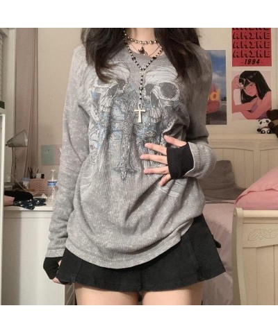 Women Vintage Graphic Print Crop Top Long Sleeve 90S Rhinestone Ribbed Tees Grunge Fairy Aesthetic Shirts K-grey Skull $12.24...