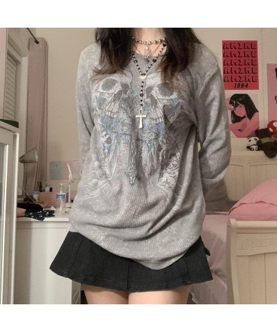 Women Vintage Graphic Print Crop Top Long Sleeve 90S Rhinestone Ribbed Tees Grunge Fairy Aesthetic Shirts K-grey Skull $12.24...