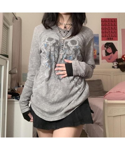 Women Vintage Graphic Print Crop Top Long Sleeve 90S Rhinestone Ribbed Tees Grunge Fairy Aesthetic Shirts K-grey Skull $12.24...