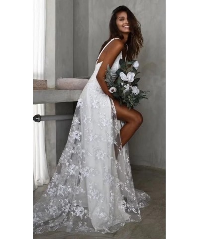 Simple Beach Wedding Dresses Long A-Line Spaghetti Straps Bridal Gowns with Train V Neck Evening Gown for Bride P-ivory $43.4...