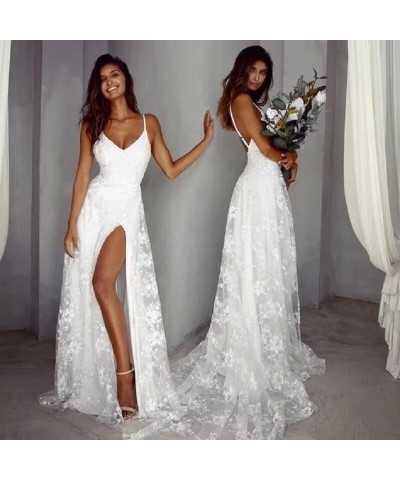 Simple Beach Wedding Dresses Long A-Line Spaghetti Straps Bridal Gowns with Train V Neck Evening Gown for Bride P-ivory $43.4...