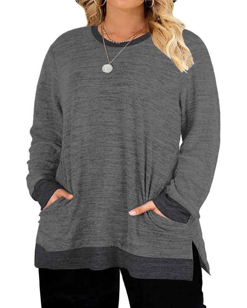 Womens-Plus-Size-Sweatshirts Long Sleeve Tops Side Split Tunics with Pockets Dark Grey $19.19 Tops