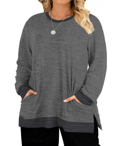 Womens-Plus-Size-Sweatshirts Long Sleeve Tops Side Split Tunics with Pockets Dark Grey $19.19 Tops