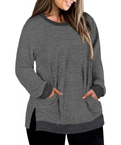 Womens-Plus-Size-Sweatshirts Long Sleeve Tops Side Split Tunics with Pockets Dark Grey $19.19 Tops