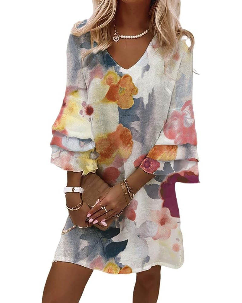 Womens Boho Floral Printed 3/4 Bell Sleeve Dress Linen Plus Size Summer Casual Loose V Neck Beach Mini Dress 7 $14.57 Dresses