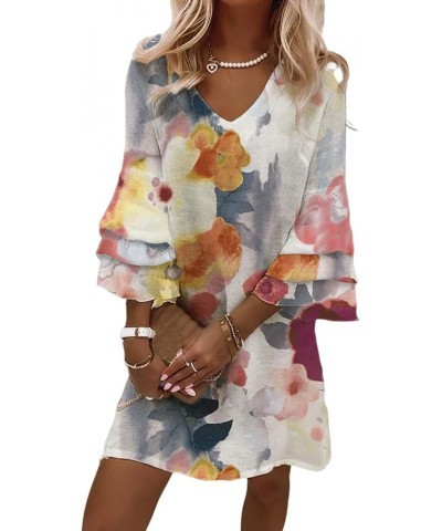 Womens Boho Floral Printed 3/4 Bell Sleeve Dress Linen Plus Size Summer Casual Loose V Neck Beach Mini Dress 7 $14.57 Dresses