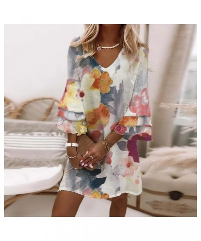 Womens Boho Floral Printed 3/4 Bell Sleeve Dress Linen Plus Size Summer Casual Loose V Neck Beach Mini Dress 7 $14.57 Dresses