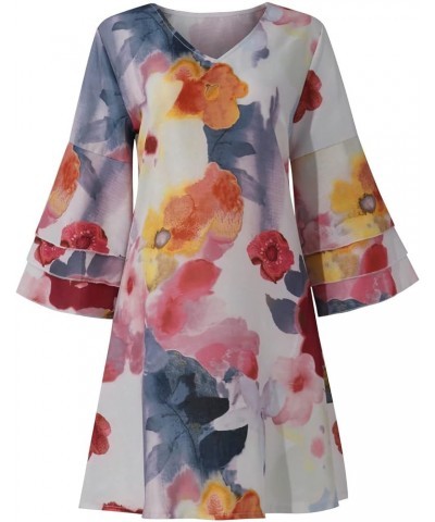 Womens Boho Floral Printed 3/4 Bell Sleeve Dress Linen Plus Size Summer Casual Loose V Neck Beach Mini Dress 7 $14.57 Dresses