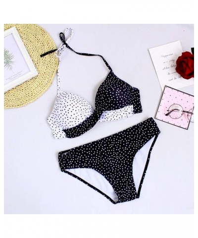 Bikini Sets for Women,Two Piece Vintage Swimsuit Retro Halter Ruched Print High Waist Bikini with Bottom 5-black $3.77 Swimsuits