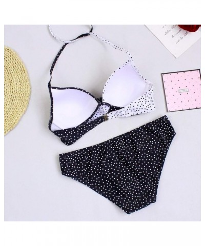 Bikini Sets for Women,Two Piece Vintage Swimsuit Retro Halter Ruched Print High Waist Bikini with Bottom 5-black $3.77 Swimsuits