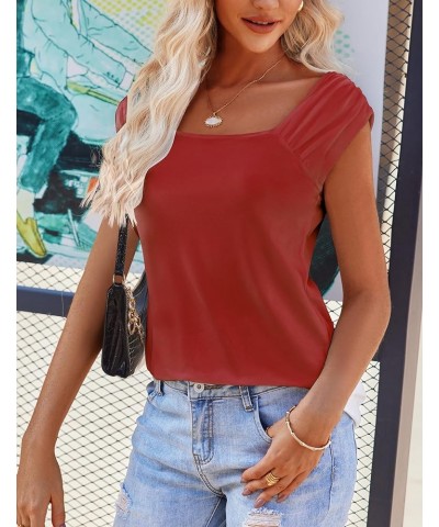 Tank Top for Women Square Neck Summer Tops Loose Fit Casual Solid Color Cap Sleeve Shirt Wine Red $11.00 Tops