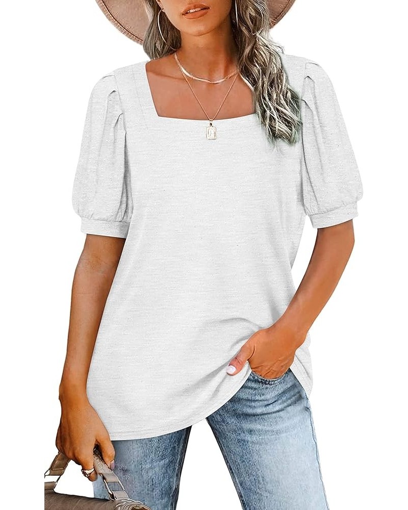 Womens Summer T Shirts Square Neck Puff Sleeve Tunic Tops Casual Blouse S-2XL 00-white $10.49 Tops