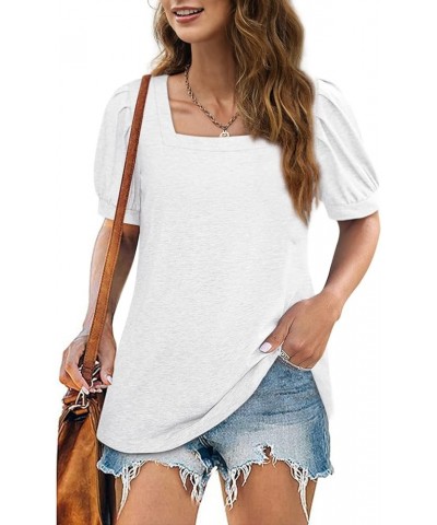 Womens Summer T Shirts Square Neck Puff Sleeve Tunic Tops Casual Blouse S-2XL 00-white $10.49 Tops