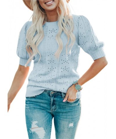 Womens Cute Short Puff Sleeve Sweaters Loose Crew Neck Lightweight Pointelle Knit Pullover Shirts Tops Blue $19.37 Sweaters