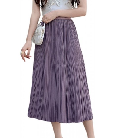 Women's Long Skirt Pleated Elastic Waist Elegant Mid Rise Winter Casual Elastic Calf Length Purple $16.50 Skirts