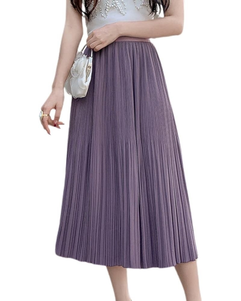 Women's Long Skirt Pleated Elastic Waist Elegant Mid Rise Winter Casual Elastic Calf Length Purple $16.50 Skirts