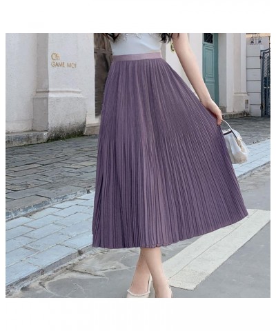 Women's Long Skirt Pleated Elastic Waist Elegant Mid Rise Winter Casual Elastic Calf Length Purple $16.50 Skirts