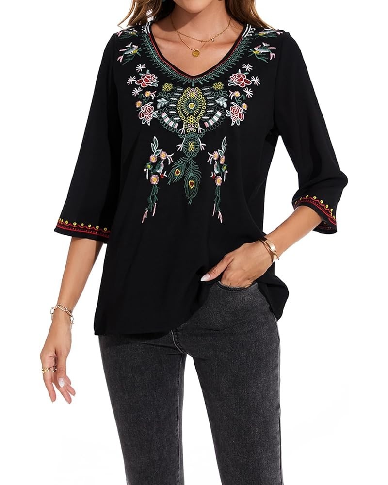 Women's 3/4 Sleeve Mexican Shirts Embroidered Tops Floral Boho Peasant Blouse Ethnic Style Casual Loose Tunics V Neck a $23.3...