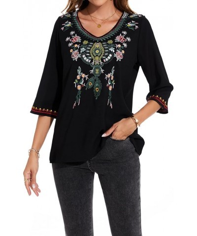 Women's 3/4 Sleeve Mexican Shirts Embroidered Tops Floral Boho Peasant Blouse Ethnic Style Casual Loose Tunics V Neck a $23.3...