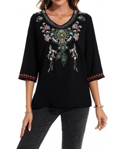 Women's 3/4 Sleeve Mexican Shirts Embroidered Tops Floral Boho Peasant Blouse Ethnic Style Casual Loose Tunics V Neck a $23.3...