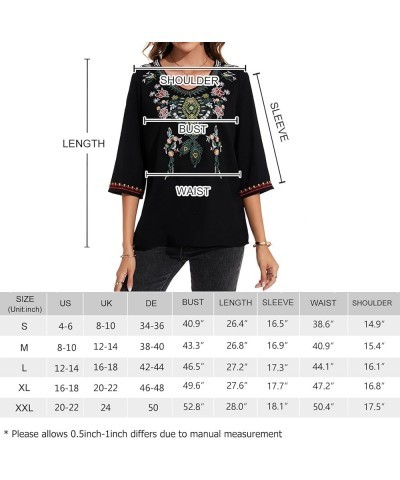 Women's 3/4 Sleeve Mexican Shirts Embroidered Tops Floral Boho Peasant Blouse Ethnic Style Casual Loose Tunics V Neck a $23.3...