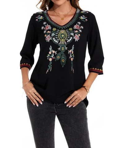 Women's 3/4 Sleeve Mexican Shirts Embroidered Tops Floral Boho Peasant Blouse Ethnic Style Casual Loose Tunics V Neck a $23.3...