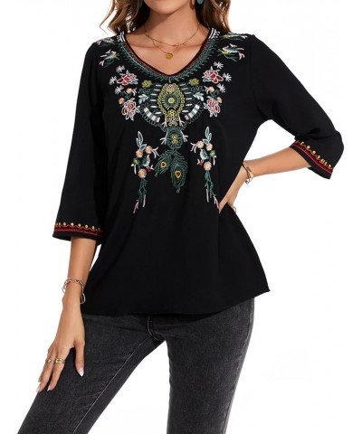 Women's 3/4 Sleeve Mexican Shirts Embroidered Tops Floral Boho Peasant Blouse Ethnic Style Casual Loose Tunics V Neck a $23.3...