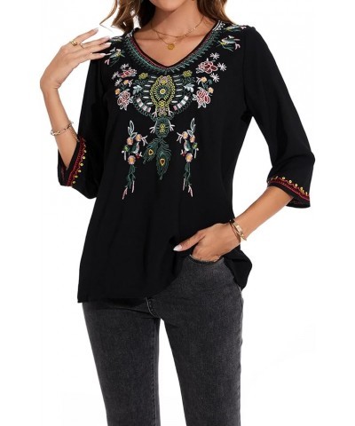 Women's 3/4 Sleeve Mexican Shirts Embroidered Tops Floral Boho Peasant Blouse Ethnic Style Casual Loose Tunics V Neck a $23.3...