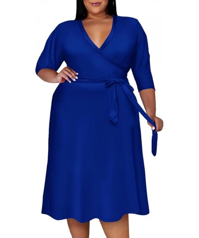 Plus Size Dress for Women - 3/4 Sleeve V-Neck Maxi Dress for Women with Belt and Pockets （2XL-6XL 8830-deep Blue $22.94 Dresses