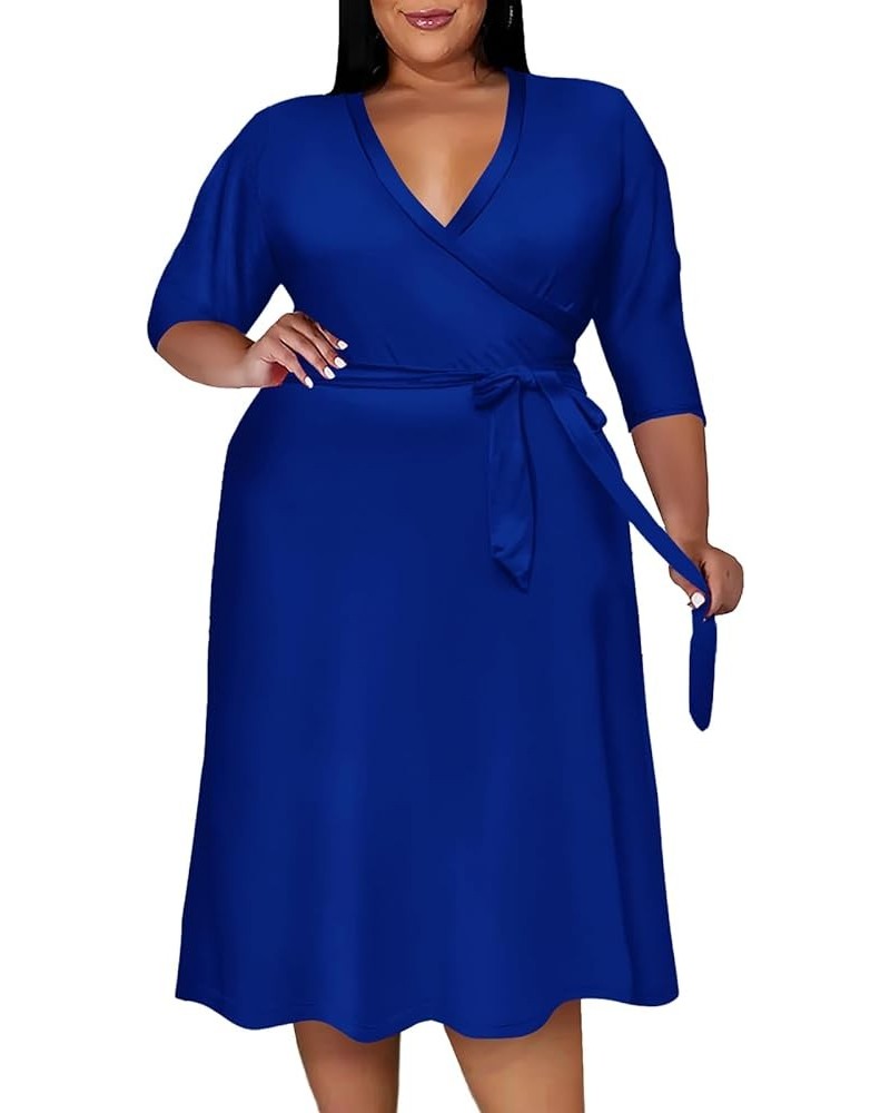 Plus Size Dress for Women - 3/4 Sleeve V-Neck Maxi Dress for Women with Belt and Pockets （2XL-6XL 8830-deep Blue $22.94 Dresses