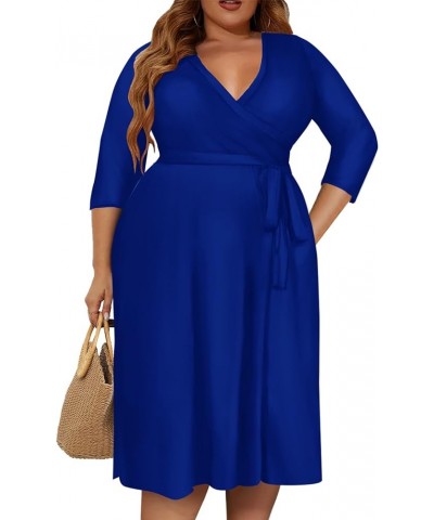 Plus Size Dress for Women - 3/4 Sleeve V-Neck Maxi Dress for Women with Belt and Pockets （2XL-6XL 8830-deep Blue $22.94 Dresses