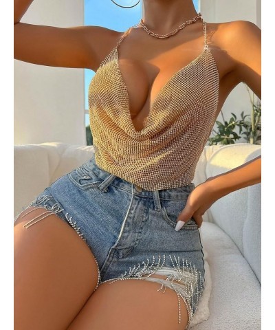 Women's Metallic Sequins Halter Cami Top Draped Front Backless Party Tank Tops Gold $15.58 Tanks