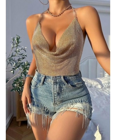 Women's Metallic Sequins Halter Cami Top Draped Front Backless Party Tank Tops Gold $15.58 Tanks