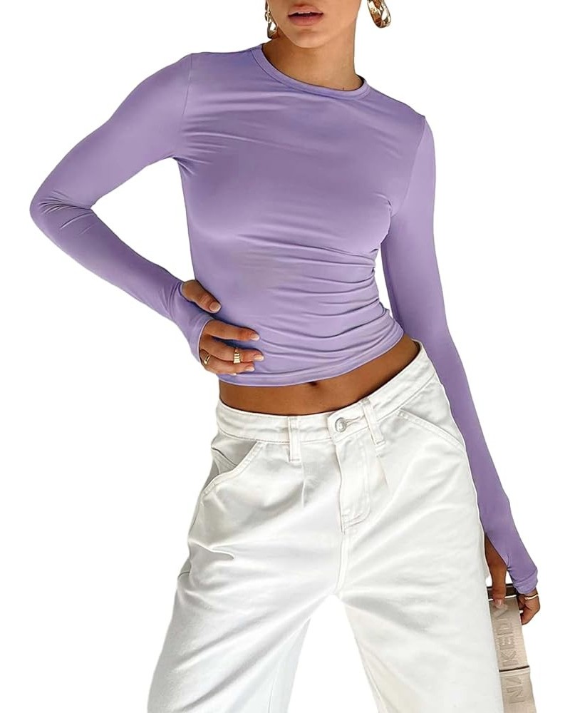 Women's Slim Fit Long Sleeve Basic Tee Shirt Solid Color Crew Neck Crop Tops for Fall Clothes Purple(thumb Holes) $6.62 T-Shirts