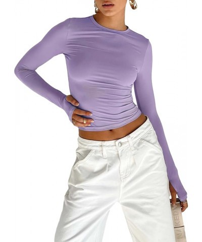 Women's Slim Fit Long Sleeve Basic Tee Shirt Solid Color Crew Neck Crop Tops for Fall Clothes Purple(thumb Holes) $6.62 T-Shirts