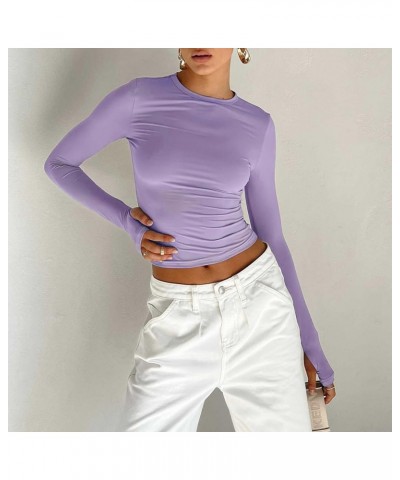 Women's Slim Fit Long Sleeve Basic Tee Shirt Solid Color Crew Neck Crop Tops for Fall Clothes Purple(thumb Holes) $6.62 T-Shirts