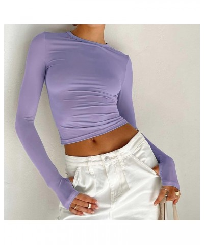 Women's Slim Fit Long Sleeve Basic Tee Shirt Solid Color Crew Neck Crop Tops for Fall Clothes Purple(thumb Holes) $6.62 T-Shirts