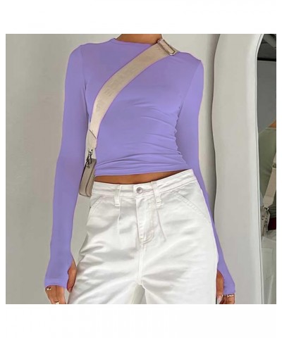 Women's Slim Fit Long Sleeve Basic Tee Shirt Solid Color Crew Neck Crop Tops for Fall Clothes Purple(thumb Holes) $6.62 T-Shirts