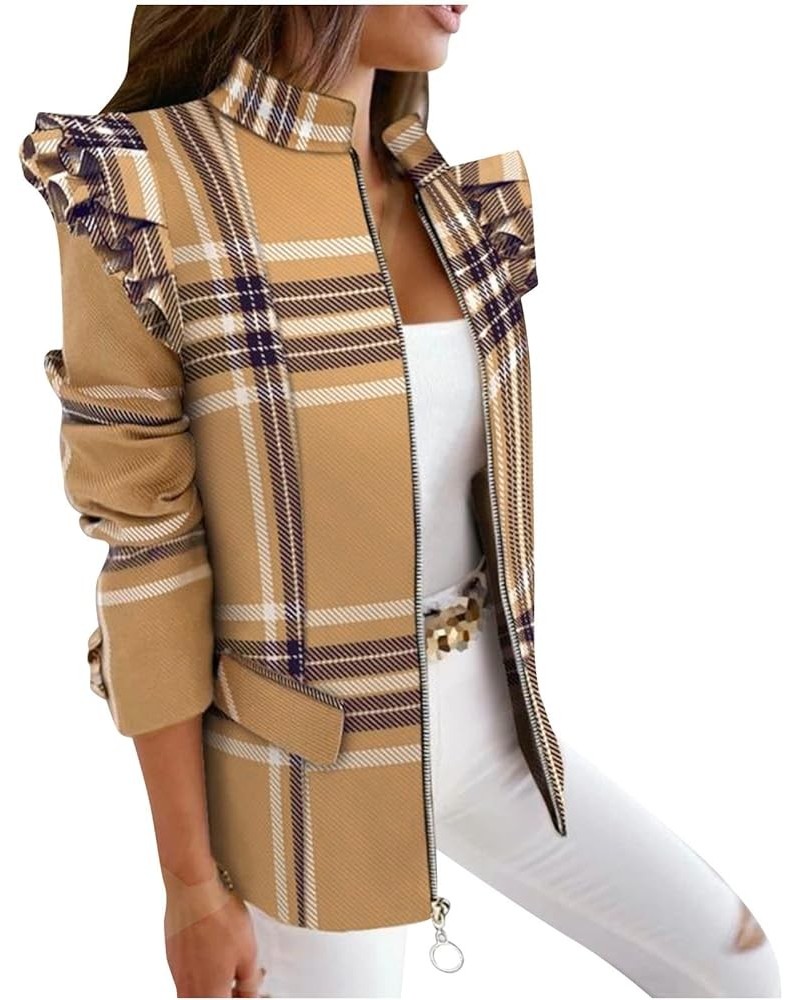 Women's Ruffled Long Sleeve Shacket Jacket Casual Trendy Cropped Zip up Work Office Blazer Plaid Printed Shirts Khaki $10.84 ...