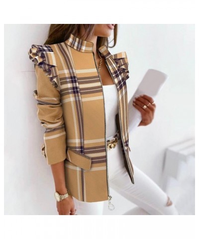 Women's Ruffled Long Sleeve Shacket Jacket Casual Trendy Cropped Zip up Work Office Blazer Plaid Printed Shirts Khaki $10.84 ...