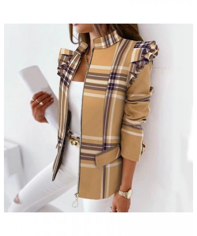 Women's Ruffled Long Sleeve Shacket Jacket Casual Trendy Cropped Zip up Work Office Blazer Plaid Printed Shirts Khaki $10.84 ...