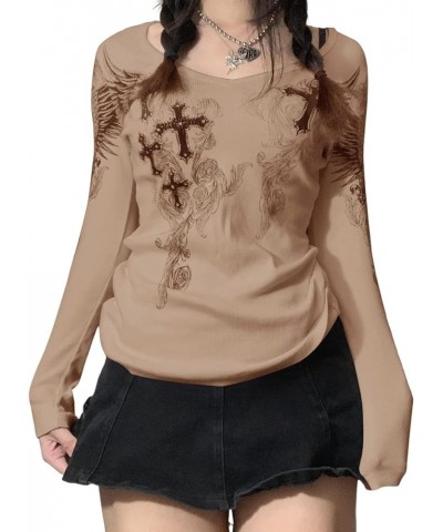 Women's Vintage Tops Gothic Long Sleeve Aesthetic Graphic Print Loose T-Shirts Streetwear Grunge Tops X-khaki $11.75 T-Shirts