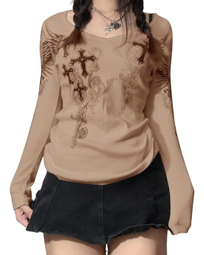 Women's Vintage Tops Gothic Long Sleeve Aesthetic Graphic Print Loose T-Shirts Streetwear Grunge Tops X-khaki $11.75 T-Shirts