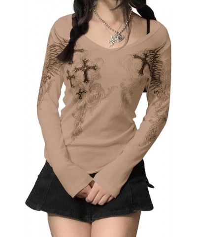 Women's Vintage Tops Gothic Long Sleeve Aesthetic Graphic Print Loose T-Shirts Streetwear Grunge Tops X-khaki $11.75 T-Shirts