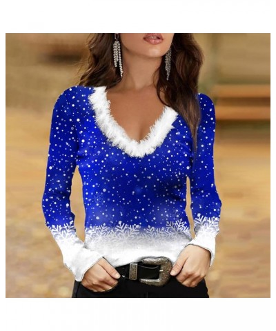 Stylish Colorblock V Neck Tunic Shirts for Women Faux Fur Trim Long Sleeve Christmas Snowflake Print Blouse Blue $11.39 Sweaters