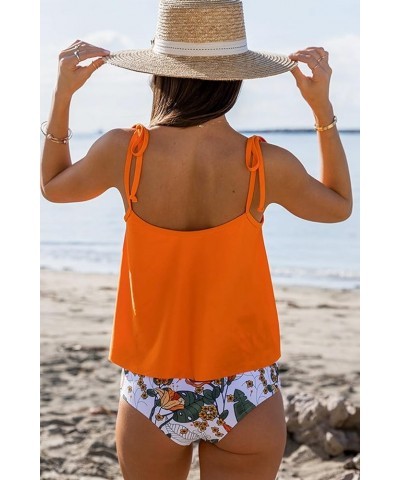 Women's Tie Shoulder Swimsuits Floral Print Ruched Tankini Set Orange $26.54 Swimsuits