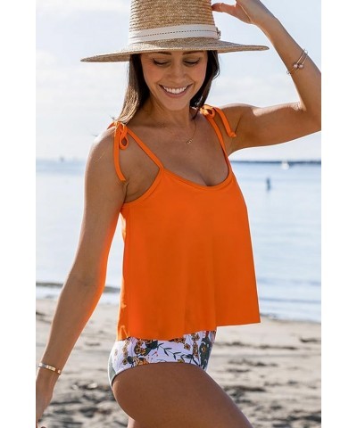 Women's Tie Shoulder Swimsuits Floral Print Ruched Tankini Set Orange $26.54 Swimsuits