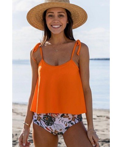 Women's Tie Shoulder Swimsuits Floral Print Ruched Tankini Set Orange $26.54 Swimsuits